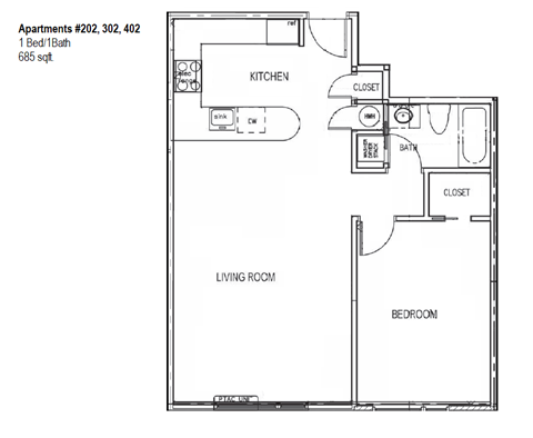 Floor plan for 1 bed, 1 bath, 682 sqft